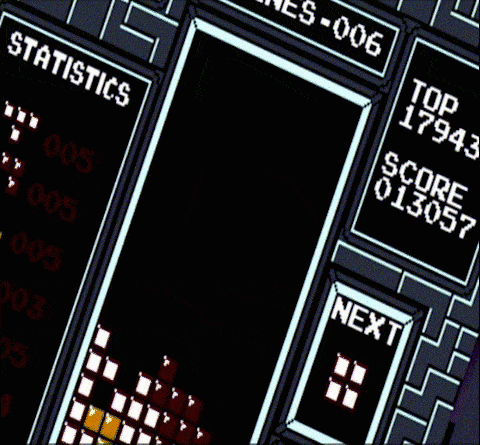 GIF of tetris game, remixed as if the pieces were being repetitively grabbed and slid around in time, played around within. One correct move, one incorrect, falling just out of place. The screen is tilted to the right and is waving around as if handheld or a window is being click-and-dragged around just a little bit.